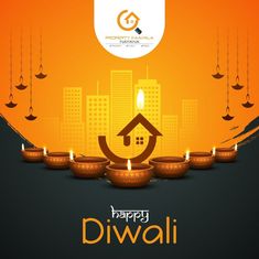 happy diwali greeting card with lit candles and cityscape in the background