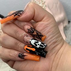 Nail Inspiration 2023, Orange Manicure, Halloween Nails Spooky, Purple Halloween Nails, Pink Halloween Nails, Nails Long Square, Nails Spooky, Scream Nails