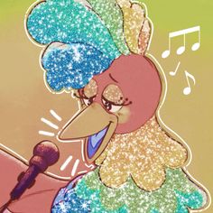 a cartoon bird with a microphone and music notes