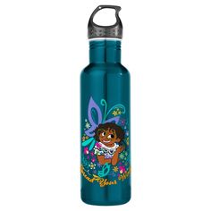 the princess and the frog water bottle is blue with an image of pooh on it