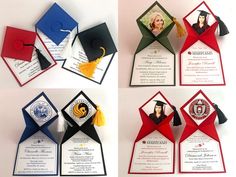 graduation caps and diplomas are arranged in four different ways to make them look like they have been folded