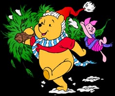 winnie the pooh and piglet are flying through the air with christmas trees in their hands