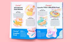 an open book with pictures of food and drinks on the page, in pink background