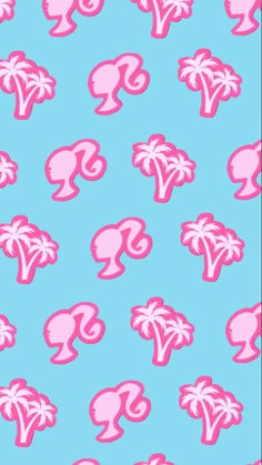 a blue and pink background with palm trees