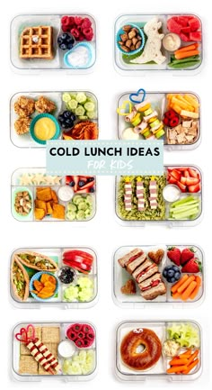 an assortment of food in plastic containers with the words cold lunch ideas