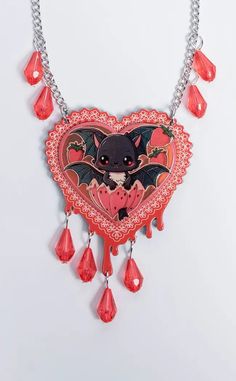 Strawberry Sauce Bat Heart Necklace-Drop Dead Gorgeous-Tragic Beautiful Blood Effect, Strawberry Jewelry, Dripping Blood, Neon Accessories, Strawberry Sauce, Animal Fur, Gothic Accessories, Necklace Shop, Pierced Jewelry