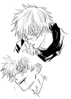 an anime character with glasses looking down at another character's face and head, in black and white