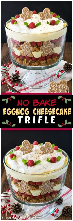 an eggnog cheesecake trifle is shown in two separate dishes with the title