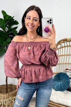 Details: A jacquard woven top featuring off shoulder neckline with mini ruffled edge, elasticized waist and peplum- Ruffle trim - Long sleeves - Peplum Content: -100% Polyester Size + Fit: Model is 5'4" and is wearing a size Small Measurements taken from a size Small - Length: 21.5" - Chest: 36" - Waist: 24"-34" - Sleeves: 16.5" Online Clothing Boutiques, Heart Dress, Woven Top, Jacquard Weave, Affordable Clothes, Flowy Dress, Cropped Tank Top, Ruffle Trim, Boutique Clothing