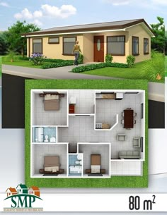 two story house plan with 3 bedroom and 2 bathroom in the front, from top to bottom