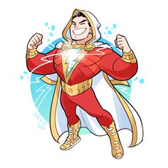 a cartoon character in a red and gold costume, with his arms spread out to the side