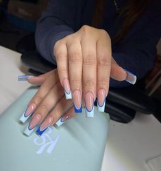 Semi Long Nails, Pastel Blue Acrylic Nails, Blue French Tip Nails Coffin, White And Blue French Tip Nails, French Tip Blue Nails, Blue Coffin Nail Ideas, Nails For April, Blue Nail Inspo Acrylic, 2 Color Nail Ideas