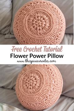 two crochet pillows sitting on top of a bed with the words, flower power pillow