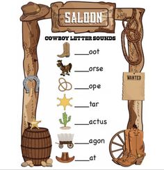 a cowboy themed poster with the words saloon written in english and an image of a barrel,