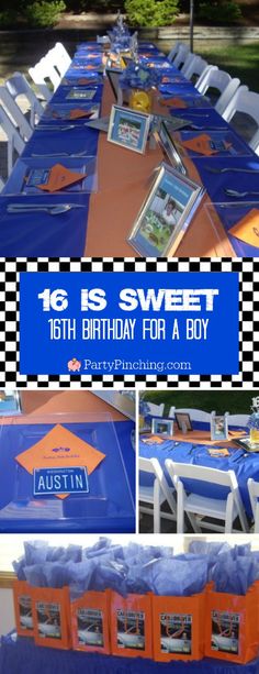 an image of a birthday party with blue and orange table cloths on the table