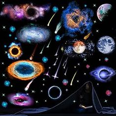 an image of many different objects in the sky with stars and planets around them on a black background