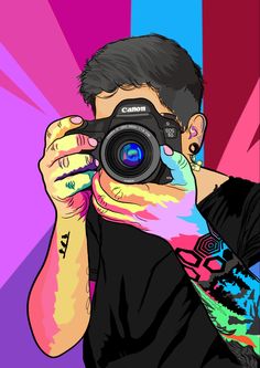 a man taking a photo with a camera in front of colorful background and text that reads canon