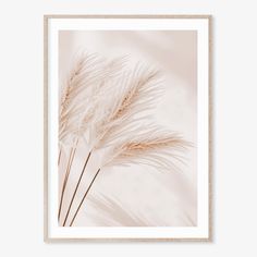 some white feathers are in the air on a beige and pink background with a black frame