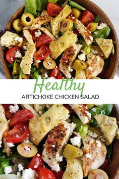 healthy artichoke chicken salad with feta cheese and olives