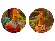 two pictures of the same character in an animated movie, one with a rooster on it's head and another with a bird on its neck