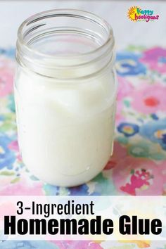 a jar filled with homemade glue sitting on top of a table