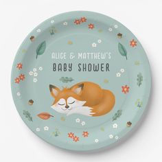 a paper plate with an image of a sleeping fox on it's side and the words, baby shower