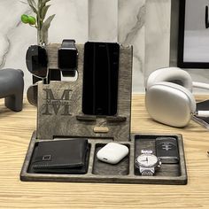 an assortment of personal items displayed on a table