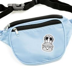 a blue fanny bag with a skull on it