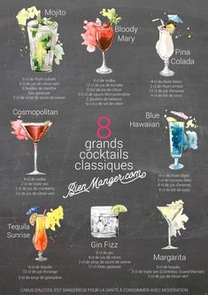 a chalk board with different types of cocktails on it