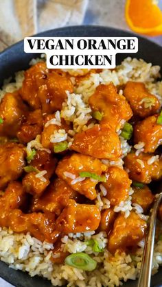 a bowl filled with orange chicken and rice