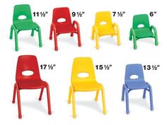 four different colors of plastic chairs with holes in the back and sides, all facing each other