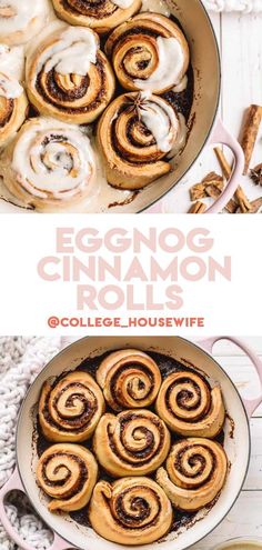 eggnog cinnamon rolls in a skillet on a white table