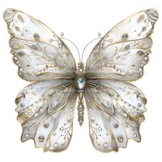 a white butterfly with gold accents on its wings and wings spread out to the side