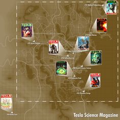 a map with some pictures on it and the words tesla science magazine written below them