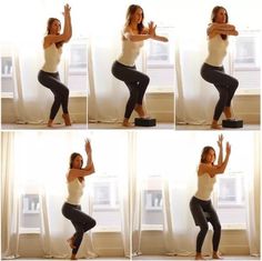 a woman doing yoga poses in front of a window