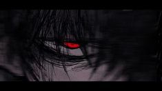 an anime character with red eyes staring into the distance, in front of a dark background