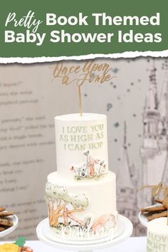 a baby shower cake with the words, party book themed baby shower ideas on it