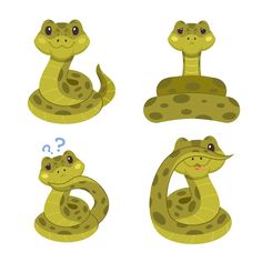 four different types of green snakes with question marks on their heads and tails, one in the