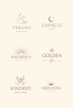 the logos for different businesses are shown in brown and white colors, including gold foil