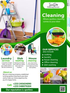 a flyer for cleaning company with green and white colors