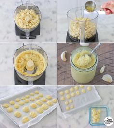 four pictures showing how to make macaroni and cheese in a food processor, then being processed