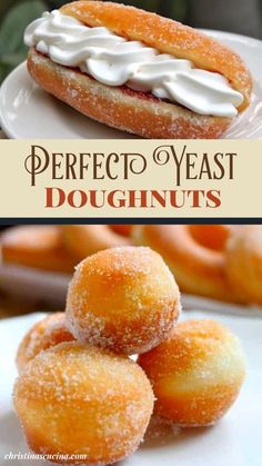 two pictures with doughnuts and the words perfect yeast doughnuts on them