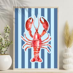 a painting of a red lobster on a blue and white striped wall next to a vase with flowers