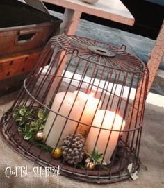 candles are lit in a birdcage with pine cones and greenery around it