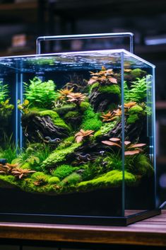 an aquarium filled with green plants and rocks