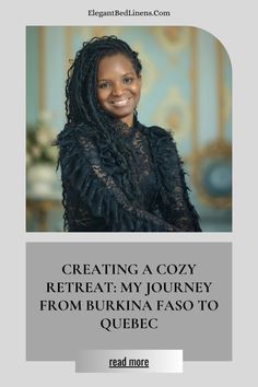 a woman with dreadlocks smiling in front of a blue and white background text reads, creating a cozy retro - styled portrait from burkin faso to quibec