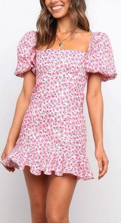 Pink Ruffled Floral Printed Puff Sleeve Summer Casual Dress. This pink summer short dress is made of a soft breathable fabric. We do not see through the fabric. The fabric is light and will keep you cool. This dress tight will make you look cool and sexy. This summer dress is of great quality. You will receive a product as good as the one displayed on the image. Pink Mini Hem Dress For Brunch, Pink Mini Hem Dresses For Brunch, Trendy Pink Puff Sleeve Dresses, Cute Pink Sundress With Short Sleeves, Cute Cotton Mini Dress For Summer, Cute Pink Short Sleeve Sundress, Cute Pink Short-sleeved Sundress, Feminine Pink Chiffon Mini Dress, Trendy Knee-length Summer Dresses