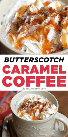 butterscotch caramel coffee with whipped cream in a mug