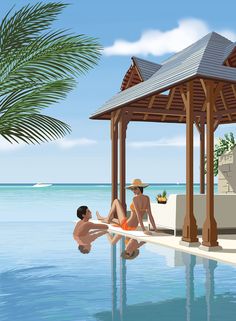 two people sitting on the edge of a swimming pool next to an umbrella covered pavilion