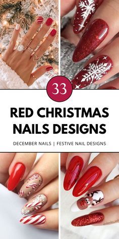 Christmas Nail Designs Short Red, Gel Nail Designs For Long Nails, Nail Ideas Christmas Red, Christmas Nail Almond Ideas, Red Nails With Christmas Design, Christmas Nail Art Designs Snowflakes Red, Simple Red Holiday Nails, Red Gel Christmas Nails, Shellac Christmas Nails Designs